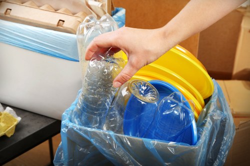 Recycling and donation bins during garage cleanup