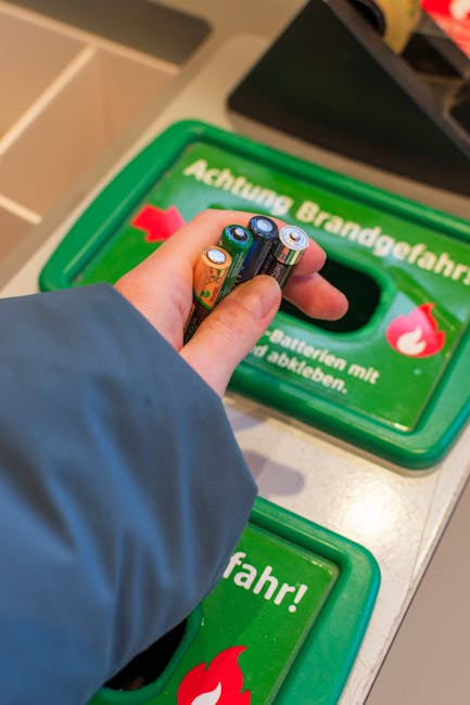 A close-up of a person's hand placing three AA batteries into a green recycling bin designed for battery disposal, with a background showing a second similar bin labeled in German. The person's hand i
